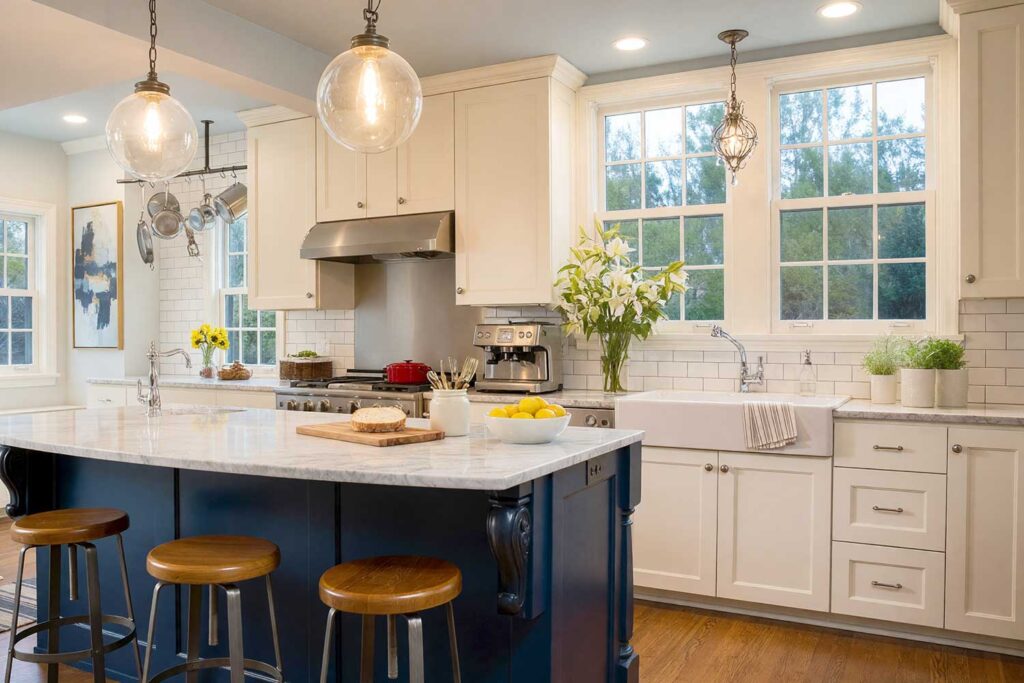 Deep Midnight Navy Island in a Warm White and Cream Scottsdale Kitchen-4, a Scottsdale neighborhood kitchen with raised panel cabinets in warm white and creamy ivory. A bold midnight navy island anchors the space, accented by white lilies, lemons, and abstract artwork. Dynamic lighting enhances the room’s depth and sophistication, painted kitchen island colors, painted island colors, kitchen island colors, kitchen island painting ideas, island painting ideas, two-tone kitchen colors, kitchen accent color ideas, kitchen color ideas