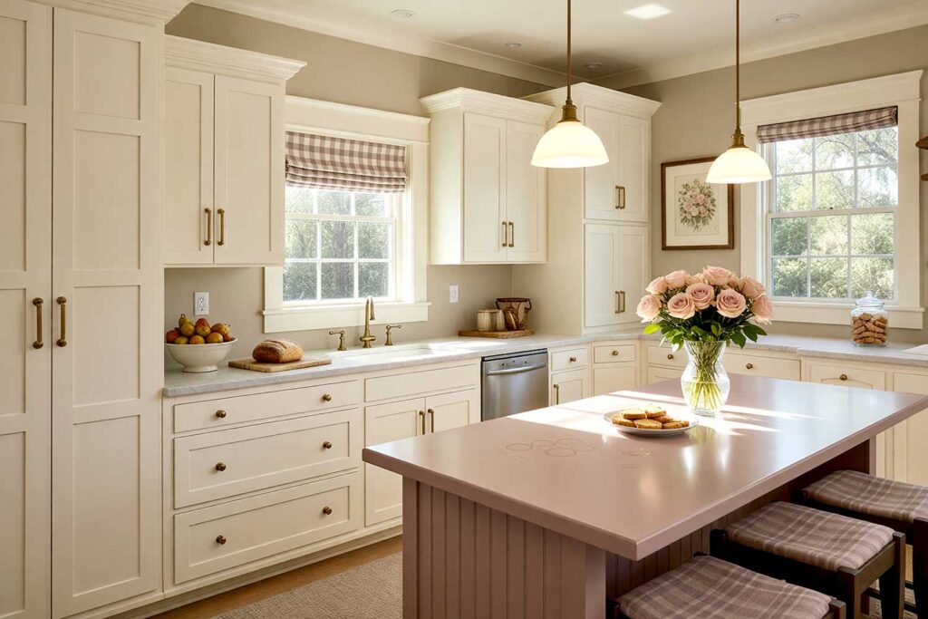 Dusty Mauve Island in a Warm Ivory and Greige Scottsdale Kitchen-2, a romantic Scottsdale neighborhood kitchen with Shaker-style cabinets in warm ivory. A dusty mauve island creates a captivating focal point, accented by blush roses, pears, and floral prints. Dynamic lighting enhances the room’s depth and elegance, island color combinations, kitchen island color inspiration, island paint colors, island color inspiration, contrasting island colors, bold island colors, accent island colors, kitchen island accent color, island accent color