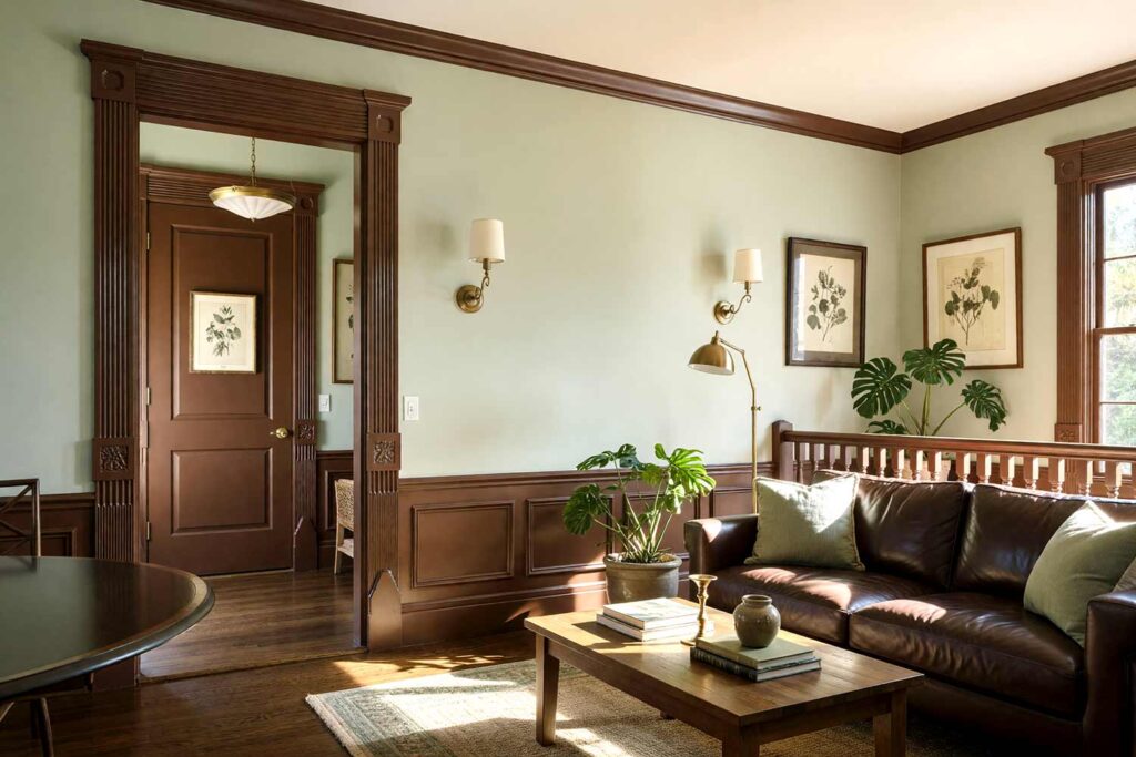 Earthy Den with Pale Sage Walls and Warm Chocolate Brown Trim-2, earthy den with pale sage walls warm chocolate brown trim walnut flooring Scottsdale neighborhood dramatic sunlight, earthy den with pale sage walls warm chocolate brown trim walnut flooring Scottsdale neighborhood freshly painted cozy den with natural tones and dynamic sunlight, colored baseboards, painted baseboards, door trim color ideas, crown molding colors, interior trim color ideas, trim color combinations, interior trim paint colors, non-white trim colors