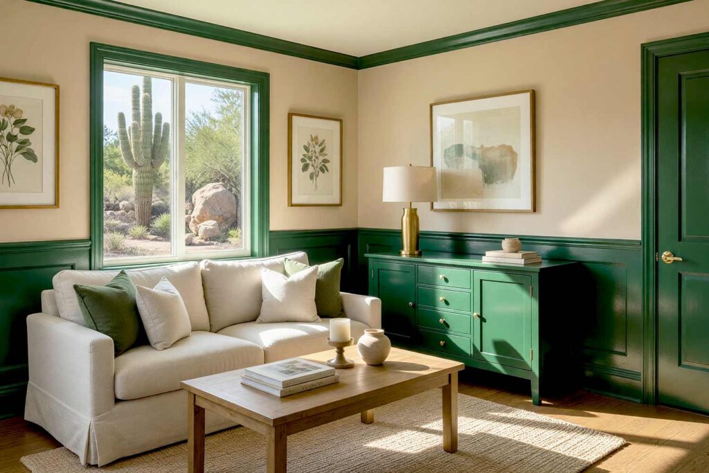 Earthy Den with Warm Sand Walls and Forest Green Accents-7, earthy den warm sand walls forest green accents medium oak flooring Scottsdale neighborhood bold sunlight, earthy den warm sand walls forest green accents medium oak flooring Scottsdale neighborhood freshly painted serene den with bold trim contrast and dramatic sunlight, trim color contrast, accent trim colors, statement trim colors, dramatic trim colors, moody trim colors, colorful interior trim, decorative trim colors, unexpected trim colors, dark baseboard colors