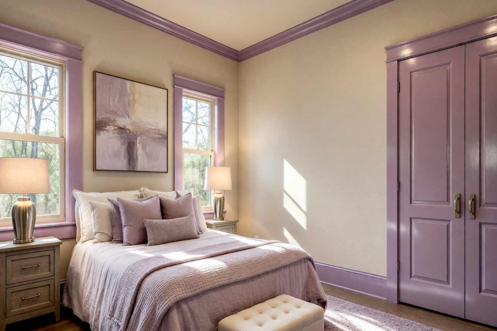 Elegant Primary Bedroom with Warm Greige Walls and Smoky Lavender Trim-1, elegant primary bedroom with warm greige walls smoky lavender trim and brushed nickel accents in a Scottsdale neighborhood with dramatic sunlight, elegant primary bedroom with warm greige walls smoky lavender trim and brushed nickel accents in a Scottsdale neighborhood freshly painted luxurious bedroom with hardwood floors textured bedding and dramatic sunlight, trim color contrast, accent trim colors, statement trim colors, dramatic trim colors, moody trim colors, colorful interior trim, decorative trim colors, unexpected trim colors, dark baseboard colors