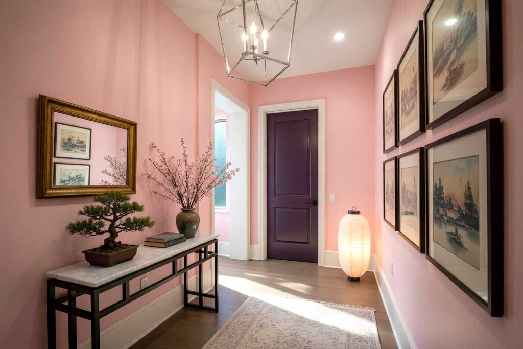Kyoto Hallway with Sakura Pink Walls and Pure White Ceiling and Deep Plum Door-1, room color palette, home color schemes, room paint color ideas, decorating color palette, interior color palette, house paint colors, color scheme ideas, paint scheme for home, interior painters Phoenix