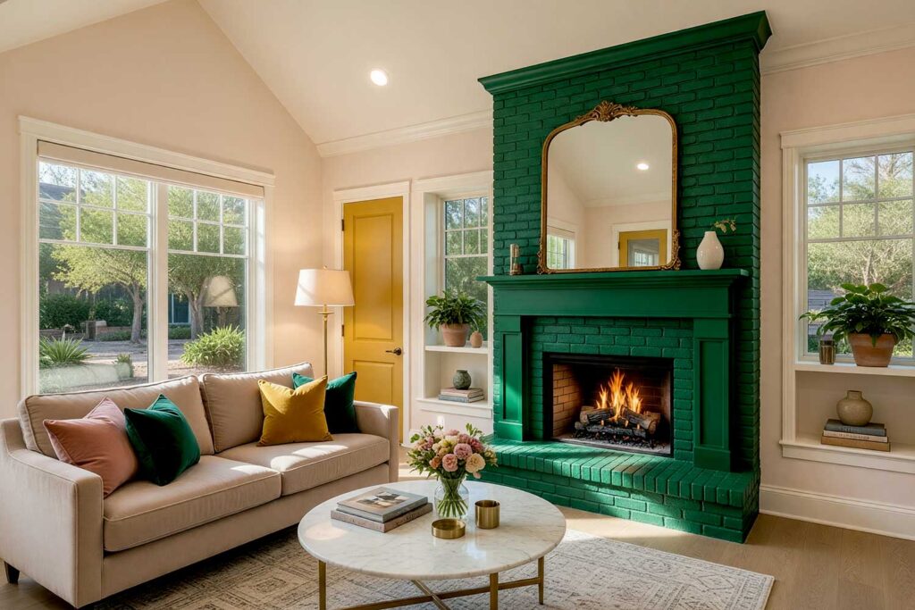 Luxurious Living Room with Emerald Green Brick Fireplace and Pale Blush Walls-5, indoor brick fireplace makeover, living room fireplace transformation, painted fireplace renovation, modernizing outdated brick fireplaces, updating 1970s brick fireplace, updating ugly brick fireplace, contemporary fireplace makeover, reviving old brick fireplaces, painted stone fireplace ideas, updating a stone fireplace, painted river rock fireplace, stone fireplace color transformations, painted faux stone fireplace, whitewashed brick fireplace ideas, limewash fireplace inspiration