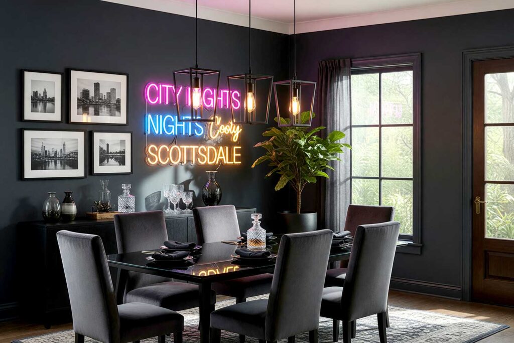 Manhattan Inspired Dining Room with Slate Walls and Black Trim and Off-White Ceiling-1, room color palette, home color schemes, room paint color ideas, decorating color palette, interior color palette, house paint colors, color scheme ideas, paint scheme for home, interior painters Phoenix