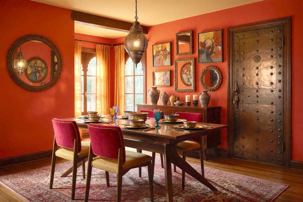 Marrakech Dining Room with Spiced Paprika Walls and Saffron Cream Ceiling-3, room color palette, home color schemes, room paint color ideas, decorating color palette, interior color palette, house paint colors, color scheme ideas, paint scheme for home, interior painters Phoenix