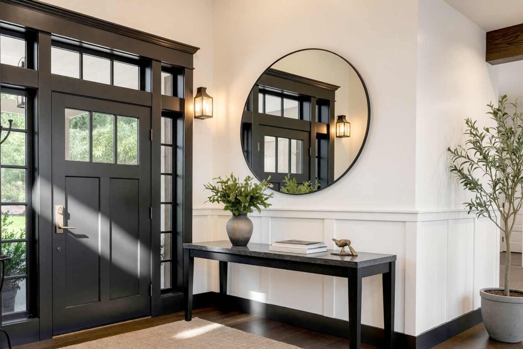 Minimalist Entryway with Warm White Walls and Graphite Trim-3, minimalist entryway warm white walls graphite trim and dark oak flooring in a Scottsdale neighborhood with dramatic sunlight, minimalist entryway warm white walls graphite trim and dark oak flooring in a Scottsdale neighborhood freshly painted contemporary space features bold contrast and dramatic sunlight, trim color contrast, accent trim colors, statement trim colors, dramatic trim colors, moody trim colors, colorful interior trim, decorative trim colors, unexpected trim colors, dark baseboard colors