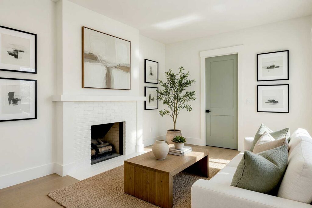 Minimalist Living Room with Pure White Brick Fireplace and Warm Alabaster Walls-1, indoor brick fireplace makeover, living room fireplace transformation, painted fireplace renovation, modernizing outdated brick fireplaces, updating 1970s brick fireplace, updating ugly brick fireplace, contemporary fireplace makeover, reviving old brick fireplaces, painted stone fireplace ideas, updating a stone fireplace, painted river rock fireplace, stone fireplace color transformations, painted faux stone fireplace, whitewashed brick fireplace ideas, limewash fireplace inspiration