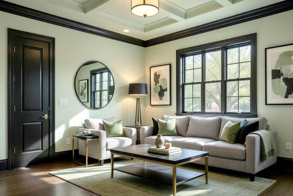 Modern Living Room with Pale Celadon Walls and Inky Black Trim, modern living room pale celadon walls inky black trim dark oak flooring Scottsdale neighborhood dramatic sunlight, modern living room pale celadon walls inky black trim dark oak flooring Scottsdale neighborhood freshly painted bold and sophisticated living space with dramatic natural light, trim color contrast, accent trim colors, statement trim colors, dramatic trim colors, moody trim colors, colorful interior trim, decorative trim colors, unexpected trim colors, dark baseboard colors