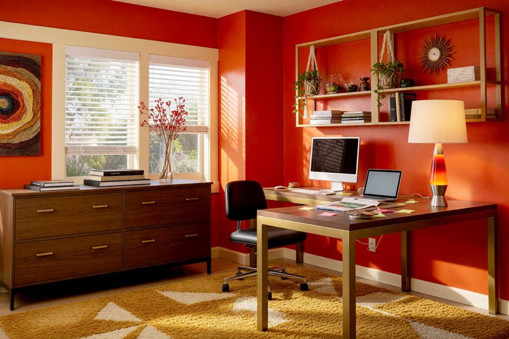 Paprika and Bark Home Office with Deep Red-Orange Walls and Warm Cream Ceiling, energizing 1970s home office with paprika walls warm cream ceiling dark espresso door antique bronze trim and retro décor featuring dark wood desk string art and lava lamp dramatic sunlight in Scottsdale, retro interior paint colors, retro color palette, nostalgic paint colors, vintage paint colors, throwback interior colors, retro-inspired interior colors, decade-inspired paint colors, vintage-inspired color scheme, old-school interior colors, retro home color palette, nostalgia-driven paint colors