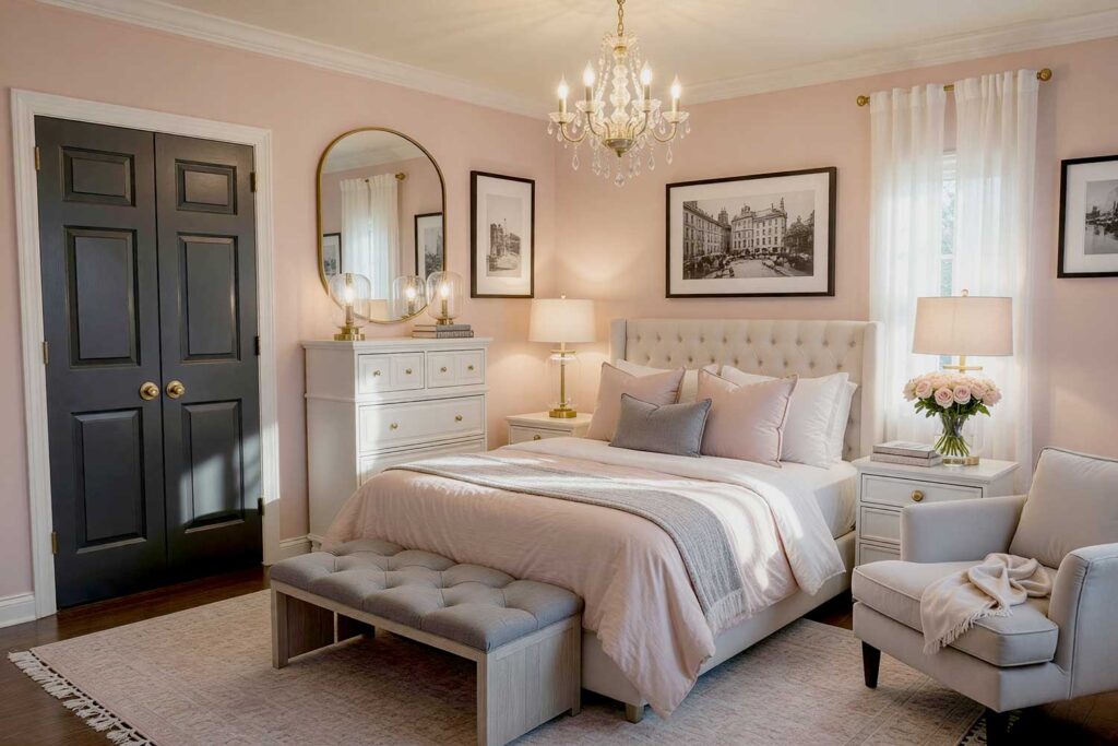 Parisian Bedroom with Blush Rose Walls with Pale Champagne Ceiling-7, Parisian blush rose bedroom with deep charcoal gray door and pale champagne ceiling, interior paint color palettes, paint color inspiration, wall color schemes, color palette for home, color palette ideas, paint color combinations, house painting color schemes, paint color pairings