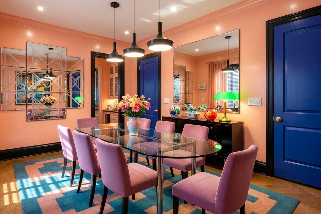 Peach 1980s Dining Room with Electric Indigo Door and Black Trim-2, bold 1980s dining room with peach walls electric indigo door black trim and retro décor featuring chrome dining set etched mirrors and pastel ceramics dramatic sunlight in Scottsdale, retro interior paint colors, retro color palette, nostalgic paint colors, vintage paint colors, throwback interior colors, retro-inspired interior colors, decade-inspired paint colors, vintage-inspired color scheme, old-school interior colors, retro home color palette, nostalgia-driven paint colors
