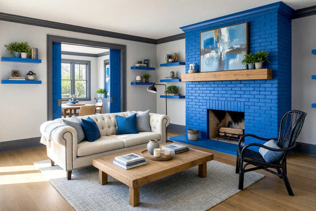 Playful Living Room with Cobalt Blue Fireplace and Soft Ash Grey Walls-3, painting interior brick fireplace, painted living room brick fireplace ideas, painted indoor brick fireplace, interior fireplace painting ideas, painted masonry fireplace, painted fireplace surround, painted brick fireplace inspiration, living room fireplace color ideas, painted fireplace designs, modern painted brick fireplace, painted fireplace before and after, fireplace makeover ideas, indoor brick fireplace upgrade, updating interior brick fireplace