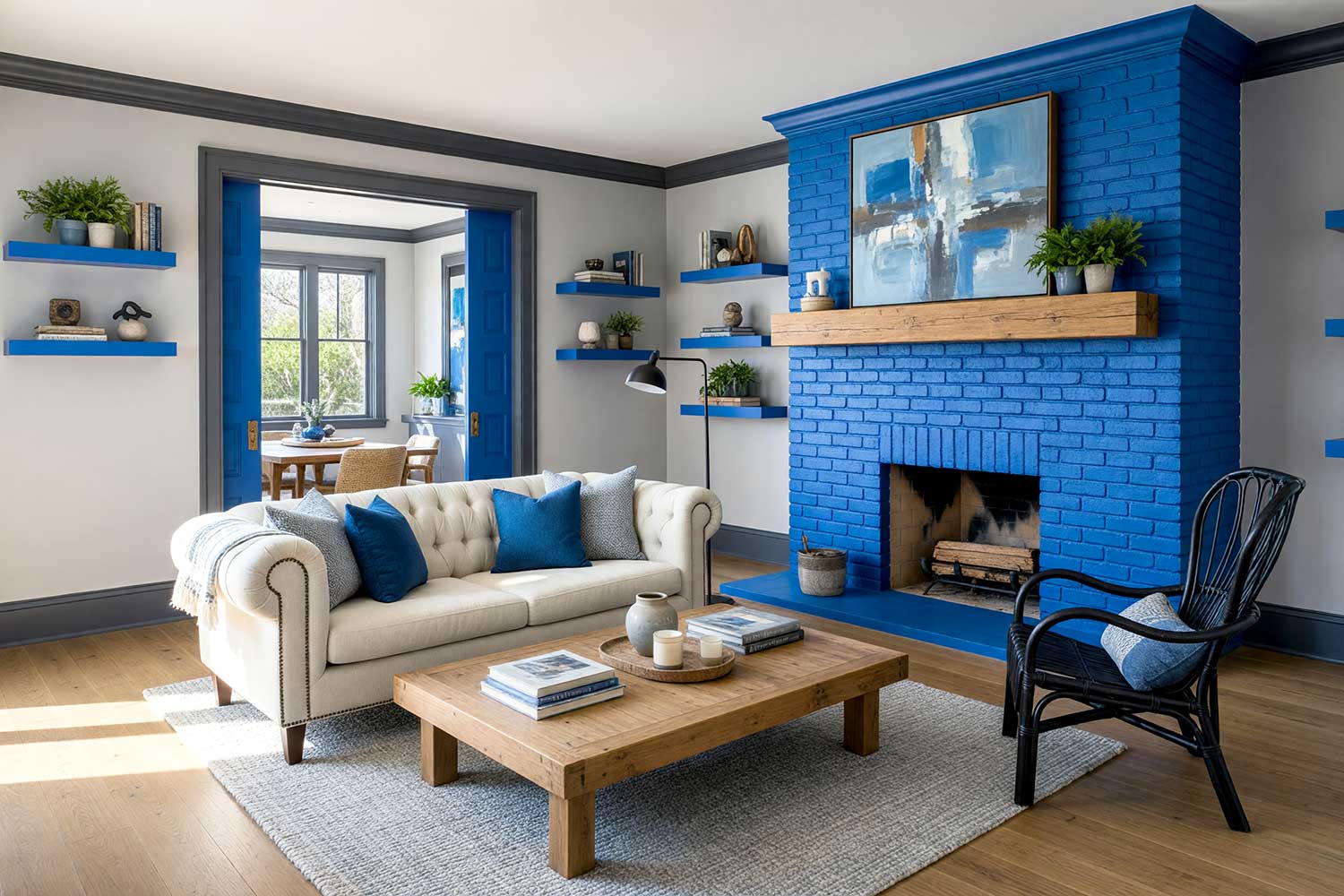 Playful Living Room with Cobalt Blue Fireplace and Soft Ash Grey Walls-3, painting interior brick fireplace, painted living room brick fireplace ideas, painted indoor brick fireplace, interior fireplace painting ideas, painted masonry fireplace, painted fireplace surround, painted brick fireplace inspiration, living room fireplace color ideas, painted fireplace designs, modern painted brick fireplace, painted fireplace before and after, fireplace makeover ideas, indoor brick fireplace upgrade, updating interior brick fireplace