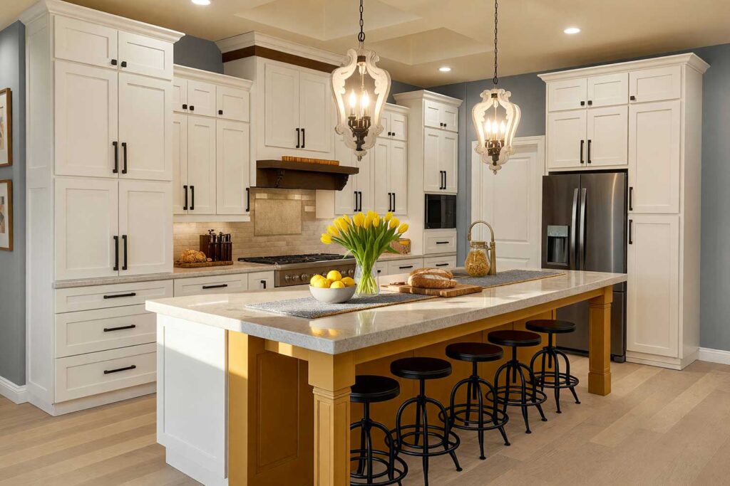 Rich Mustard Gold Island in a Warm White and Soft Gray Scottsdale Kitchen-6, a chic Scottsdale neighborhood kitchen with Shaker-style cabinets in warm white. A bold mustard gold island anchors the space, accented by yellow tulips, lemons, and geometric prints. Dynamic lighting enhances the room’s retro-modern charm, island color combinations, kitchen island color inspiration, island paint colors, island color inspiration, contrasting island colors, bold island colors, accent island colors, kitchen island accent color, island accent color
