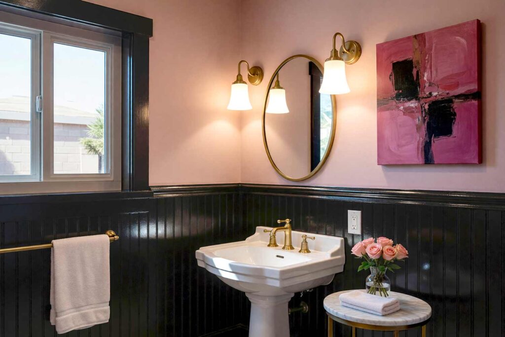 Romantic Powder Room with Dusty Blush Walls and Soft Black Trim-3, romantic powder room dusty blush walls soft black trim marble flooring Scottsdale neighborhood dramatic sunlight, romantic powder room dusty blush walls soft black trim marble flooring Scottsdale neighborhood freshly painted intimate space with bold contrasts and dramatic sunlight, contrasting interior trim colors , contrasting trim colors, bold trim colors, dark trim colors, contrast trim colors, high contrast trim colors, trim colors that aren't white