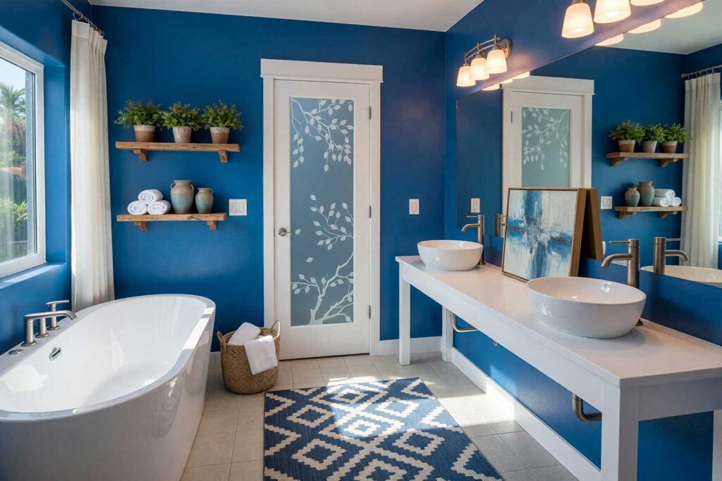 Santorini Dream Aegean Blue Walls with Stark White Trim and Light Tile Flooring-1, Santorini-inspired bathroom with deep Aegean blue walls and stark white trim and ceiling, interior paint color palettes, paint color inspiration, wall color schemes, color palette for home, color palette ideas, paint color combinations, house painting color schemes, paint color pairings