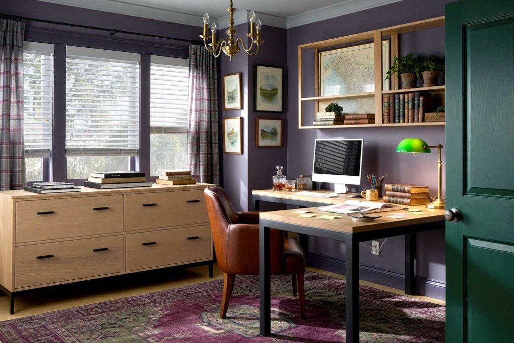 Scottish Highlands Plum Walls with Pewter Mist Ceiling and Deep Forest Green Door-5, interior paint color palettes, paint color inspiration, wall color schemes, color palette for home, color palette ideas, paint color combinations, house painting color schemes, paint color pairings