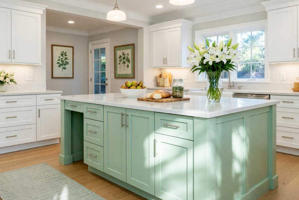 Soft Mint Green Island in a Bright White and Pale Warm Gray Scottsdale Kitchen-3, a fresh Scottsdale neighborhood kitchen with Shaker-style cabinets in bright white. A soft mint green island anchors the space, accented by white lilies, pears, and botanical prints. Dynamic lighting enhances the room’s inviting charm, island color combinations, kitchen island color inspiration, island paint colors, island color inspiration, contrasting island colors, bold island colors, accent island colors, kitchen island accent color, island accent color