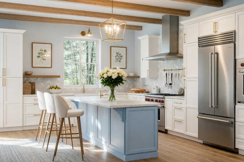 Soft Powder Blue Island in a Warm White and Pale Gray Scottsdale Kitchen-3.png, a bright and airy Scottsdale neighborhood kitchen with Shaker-style cabinets in warm white. A calming powder blue island adds a romantic focal point, accented by white roses, pears, and botanical prints. Dynamic lighting enhances the room’s depth, kitchen island paint colors, kitchen island color ideas, island color ideas, kitchen island color scheme, island color scheme, kitchen island color palette, island color palette, kitchen island color combinations