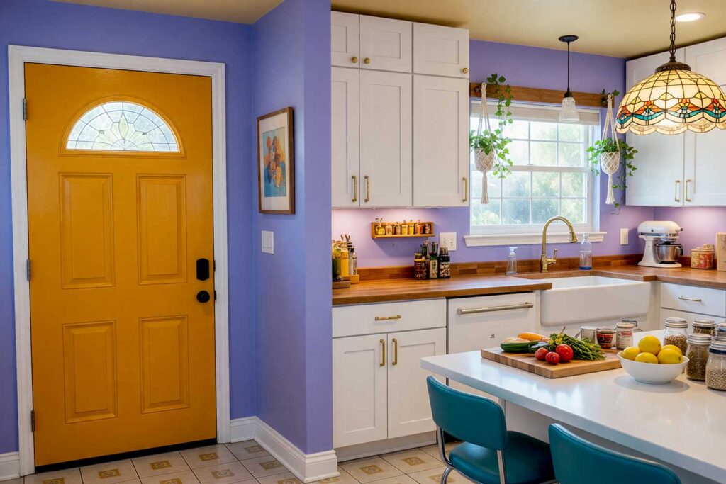 Sophisticated 1970s Kitchen with Periwinkle Walls and Pale Gold Ceiling-2, sophisticated 1970s kitchen with periwinkle walls pale gold ceiling deep marigold door crisp white trim and retro décor featuring Tiffany lamp wood countertops and macramé plant hangers dramatic sunlight in Scottsdale, retro interior paint colors, retro color palette, nostalgic paint colors, vintage paint colors, throwback interior colors, retro-inspired interior colors, decade-inspired paint colors, vintage-inspired color scheme, old-school interior colors, retro home color palette, nostalgia-driven paint colors