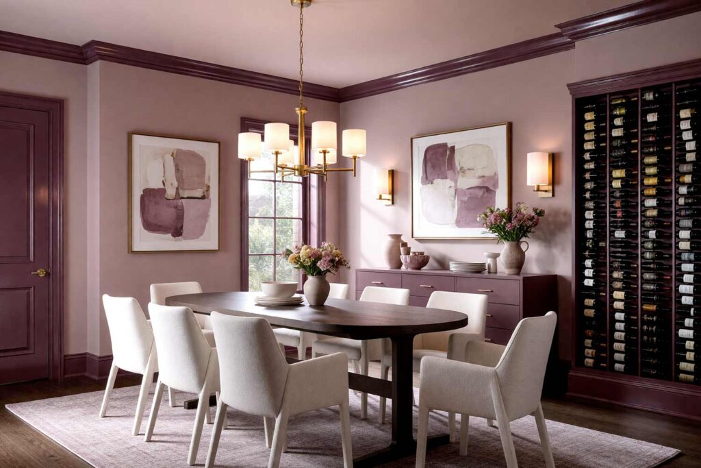 Sophisticated Formal Dining Room with Dusty Mauve Walls and Deep Plum Trim-1, sophisticated formal dining room dusty mauve walls deep plum trim walnut flooring Scottsdale neighborhood dramatic lighting, sophisticated formal dining room dusty mauve walls deep plum trim walnut flooring Scottsdale neighborhood freshly painted luxurious dining space with bold plum accents and dramatic lighting, contrasting interior trim colors , contrasting trim colors, bold trim colors, dark trim colors, contrast trim colors, high contrast trim colors, trim colors that aren't white