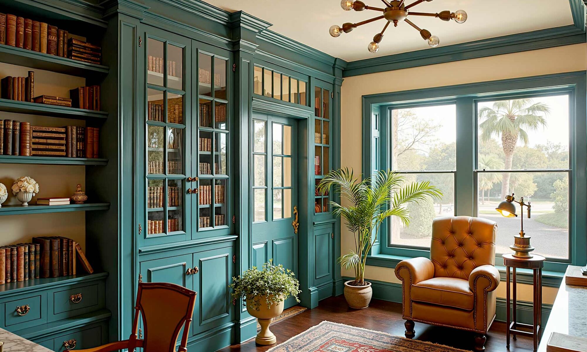 Sophisticated Home Library with Warm Ivory Walls and Midnight Teal Trim-6, sophisticated home library with warm ivory walls midnight teal trim and antique brass accents in a Scottsdale neighborhood with dramatic sunlight, sophisticated home library with warm ivory walls midnight teal trim and antique brass accents in a Scottsdale neighborhood freshly painted elegant study exudes refinement with antique brass hardware and dark oak flooring moody lighting highlights the curated décor, contrasting interior trim colors , contrasting trim colors, bold trim colors, dark trim colors, contrast trim colors, high contrast trim colors, trim colors that aren't white