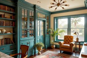 Sophisticated Home Library with Warm Ivory Walls and Midnight Teal Trim-6, sophisticated home library with warm ivory walls midnight teal trim and antique brass accents in a Scottsdale neighborhood with dramatic sunlight, sophisticated home library with warm ivory walls midnight teal trim and antique brass accents in a Scottsdale neighborhood freshly painted elegant study exudes refinement with antique brass hardware and dark oak flooring moody lighting highlights the curated décor, contrasting interior trim colors , contrasting trim colors, bold trim colors, dark trim colors, contrast trim colors, high contrast trim colors, trim colors that aren't white