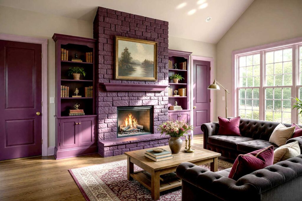 Sophisticated Living Room with Deep Plum Fireplace and Warm Greige Walls-2, painting interior brick fireplace, painted living room brick fireplace ideas, painted indoor brick fireplace, interior fireplace painting ideas, painted masonry fireplace, painted fireplace surround, painted brick fireplace inspiration, living room fireplace color ideas, painted fireplace designs, modern painted brick fireplace, painted fireplace before and after, fireplace makeover ideas, indoor brick fireplace upgrade, updating interior brick fireplace