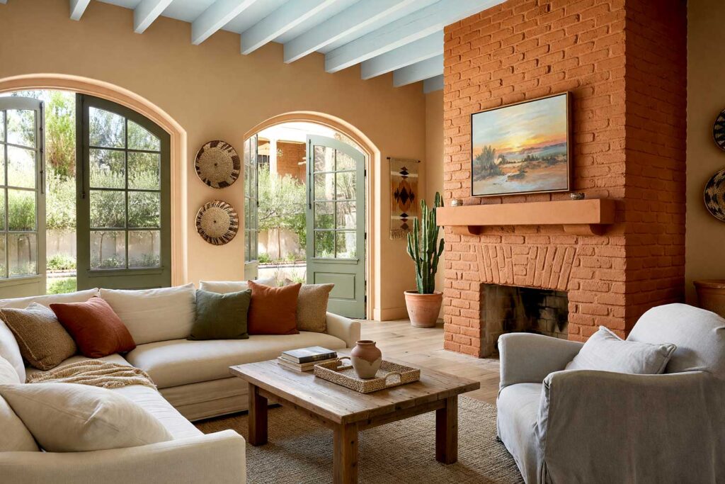 Southwestern Living Room with Terracotta Brick Fireplace and Sand-Toned Walls-1, painting interior brick fireplace, painted living room brick fireplace ideas, painted indoor brick fireplace, interior fireplace painting ideas, painted masonry fireplace, painted fireplace surround, painted brick fireplace inspiration, living room fireplace color ideas, painted fireplace designs, modern painted brick fireplace, painted fireplace before and after, fireplace makeover ideas, indoor brick fireplace upgrade, updating interior brick fireplace