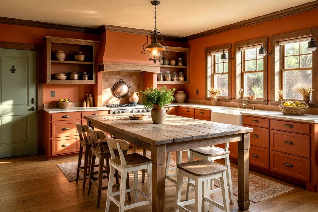 Tuscan Kitchen with Terracotta Rust Walls with Warm Parchment Ceiling and Olive Sage Door-4, Tuscan harvest kitchen interior color scheme with terracotta rust walls and olive sage door trim, interior paint color palettes, paint color inspiration, wall color schemes, color palette for home, color palette ideas, paint color combinations, house painting color schemes, paint color pairings
