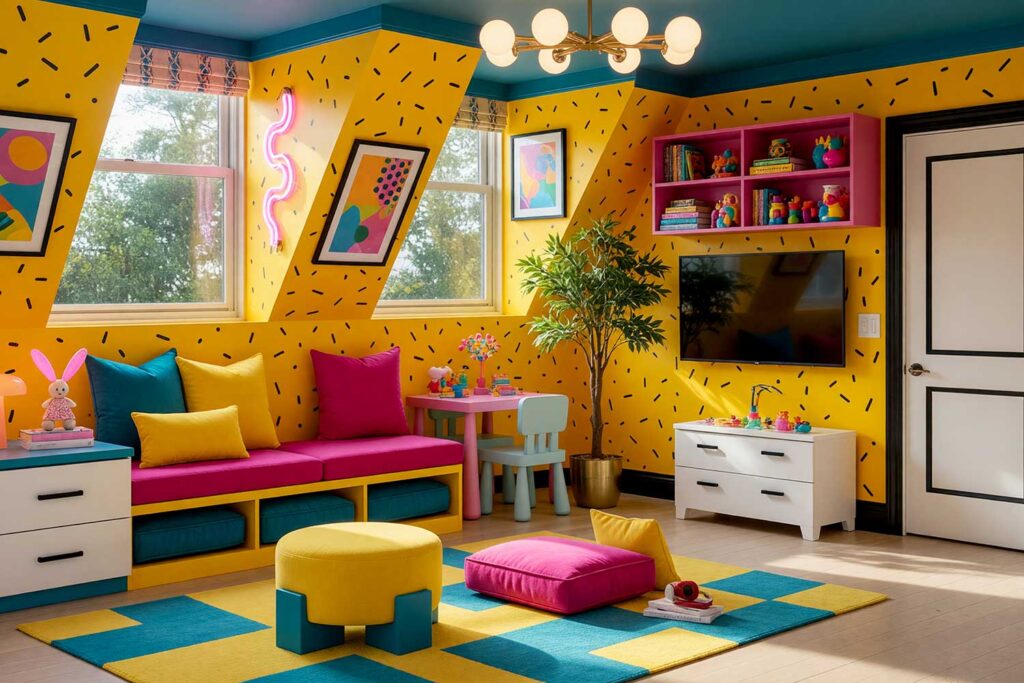 Vibrant 1980s Kid's Playroom with Sunflower Yellow Walls and Deep Teal Ceiling, vibrant 1980s kids playroom with sunflower yellow walls with graphic black hatch work and deep teal ceiling crisp white door black trim and retro décor featuring Memphis posters neon squiggle light and colorful seating dramatic sunlight in Scottsdale, classic retro colors, nostalgic home colors, throwback paint palette, retro-modern color palette, old-school color palette, nostalgic color scheme, vintage room colors, retro color revival, classic color comeback, period paint palette, retro paint palette