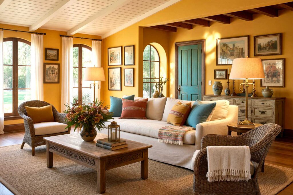 Vintage Havana Amber Walls with Deep Espresso Trim and Weathered Teal Door-5-FEATURE, Travel-inspired interior paint color palettes featuring Santorini blue bathroom and Tuscan terracotta kitchen, interior paint color palettes, paint color inspiration, wall color schemes, color palette for home, color palette ideas, paint color combinations, house painting color schemes, paint color pairings