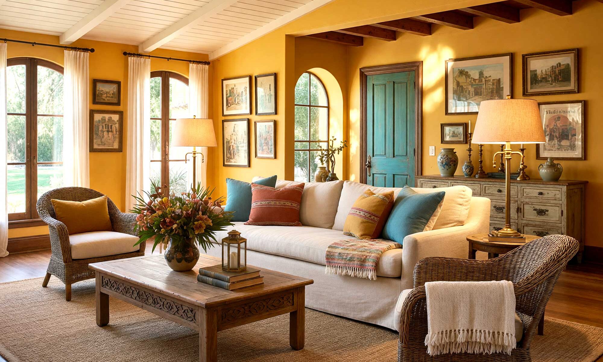Vintage Havana Amber Walls with Deep Espresso Trim and Weathered Teal Door-5-FEATURE, Travel-inspired interior paint color palettes featuring Santorini blue bathroom and Tuscan terracotta kitchen, interior paint color palettes, paint color inspiration, wall color schemes, color palette for home, color palette ideas, paint color combinations, house painting color schemes, paint color pairings