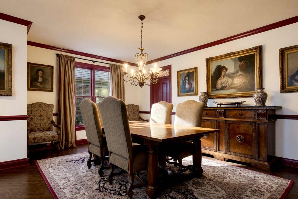 Vintage-Inspired Dining Room with Soft Warm White Walls and Burgundy Trim-4, vintage-inspired formal dining room soft warm white walls burgundy trim walnut flooring Scottsdale neighborhood bold sunlight, vintage-inspired formal dining room soft warm white walls burgundy trim walnut flooring Scottsdale neighborhood freshly painted warm and sophisticated dining space with rich textures and dramatic lighting, contrasting interior trim colors , contrasting trim colors, bold trim colors, dark trim colors, contrast trim colors, high contrast trim colors, trim colors that aren't white