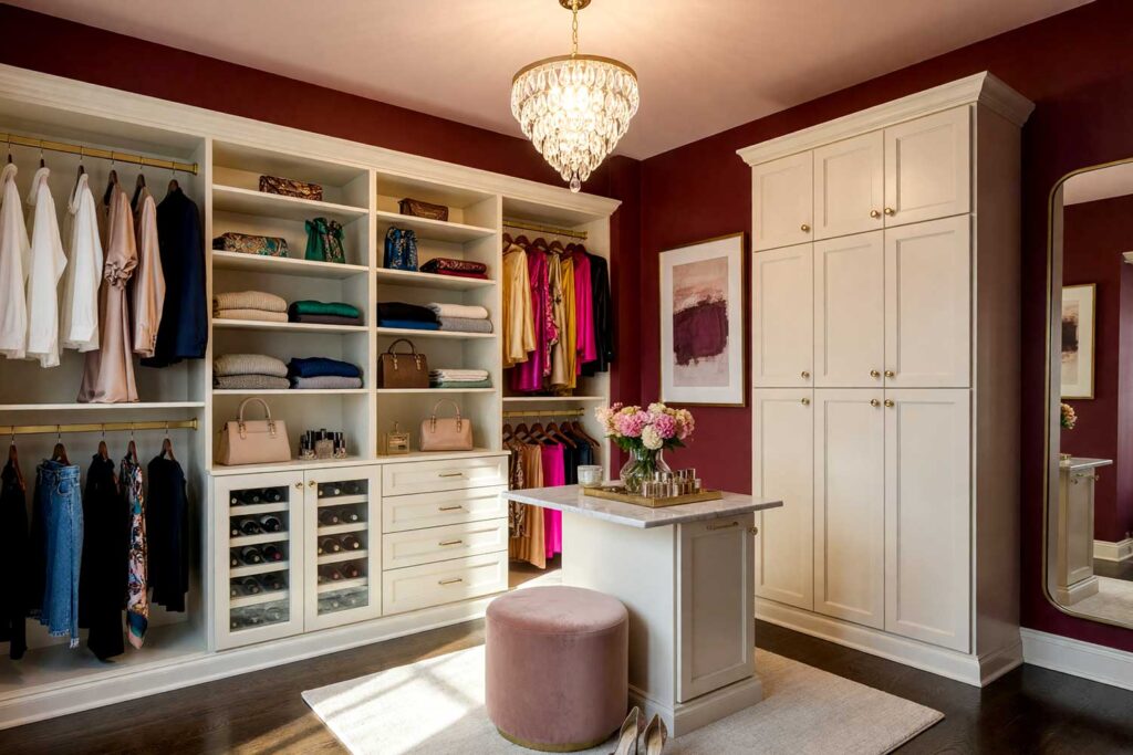Walk-in Closet with Burgundy Walls Pale Blush Ceiling and Cream Cabinetry-2, luxurious walk-in closet with deep bordeaux burgundy walls pale blush ceiling warm cream cabinetry and dark oak floors Scottsdale neighborhood luxurious walk-in closet with deep bordeaux burgundy walls pale blush ceiling warm cream cabinetry and dark oak floors boutique-inspired design in a Scottsdale neighborhood sunlight casting dramatic shadows, boutique closet color ideas, wardrobe room painting inspiration, closet decorating color ideas, luxury closet color ideas, custom closet paint colors, walk-in closet design colors, dressing room design inspiration, closet wall paint inspiration