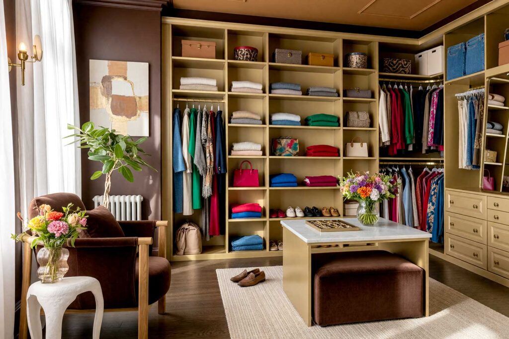 Walk-in Closet with Chocolate Brown Walls Warm Caramel Ceiling Gold Cabinetry-3, luxurious walk-in closet with deep chocolate brown walls warm caramel ceiling pale soft gold cabinetry and walnut floors scottsdale neighborhood, luxurious walk-in closet with deep chocolate brown walls warm caramel ceiling pale soft gold cabinetry and walnut floors boutique-inspired design in a scottsdale neighborhood sunlight casting dramatic shadows, boutique closet color ideas, wardrobe room painting inspiration, closet decorating color ideas, luxury closet color ideas, custom closet paint colors, walk-in closet design colors, dressing room design inspiration, closet wall paint inspiration