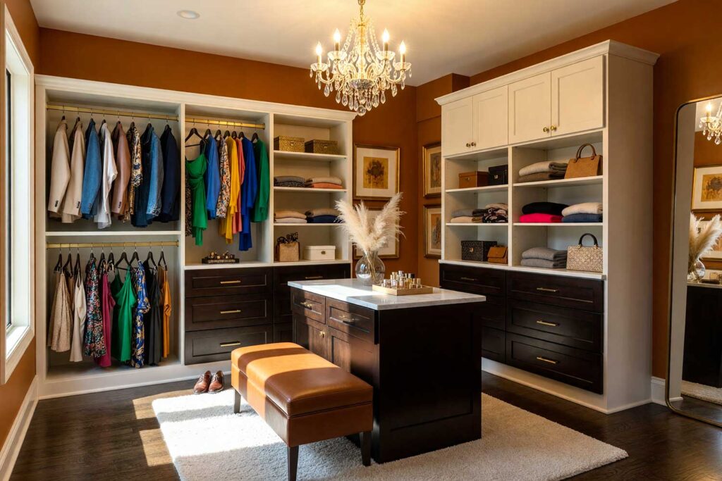 Walk-in Closet with Cognac Amber Walls Warm Ivory Ceiling and Two-Tone Cabinets-1, luxurious walk-in closet with cognac amber walls warm ivory ceiling two-tone cabinets and dark oak flooring Scottsdale neighborhood luxurious walk-in closet with cognac amber walls warm ivory ceiling two-tone cabinets and dark oak flooring bold and editorial design in a Scottsdale neighborhood sunlight casting dramatic shadows, dressing room paint colors, boutique dressing room colors, closet color schemes, closet wall color ideas, closet paint colors, closet color palettes, wardrobe room color ideas, closet design color inspiration, closet paint color inspiration, dressing room paint ideas