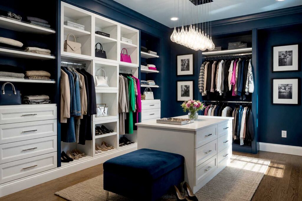 Walk-in Closet with Deep Navy Walls Pale Silver-Blue Ceiling, and White Cabinets-1, elegant walk-in closet with deep navy walls pale silver-blue ceiling bright white cabinetry and medium oak floors Scottsdale neighborhood elegant walk-in closet with deep navy walls pale silver-blue ceiling bright white cabinetry and medium oak floors modern boutique design in a Scottsdale neighborhood sunlight casting dramatic shadows, dressing room paint colors, boutique dressing room colors, closet color schemes, closet wall color ideas, closet paint colors, closet color palettes, wardrobe room color ideas, closet design color inspiration, closet paint color inspiration, dressing room paint ideas