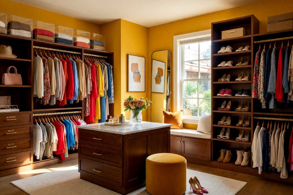 Walk-in Closet with Deep Ochre Walls Ivory Ceiling and Mahogany Cabinets-4, luxurious walk-in closet with burnished ochre walls warm ivory ceiling deep mahogany cabinetry and walnut floors Scottsdale neighborhood luxurious walk-in closet with burnished ochre walls warm ivory ceiling deep mahogany cabinetry and walnut floors boutique-inspired design in a Scottsdale neighborhood sunlight casting dramatic shadows, dressing room paint colors, boutique dressing room colors, closet color schemes, closet wall color ideas, closet paint colors, closet color palettes, wardrobe room color ideas, closet design color inspiration, closet paint color inspiration, dressing room paint ideas