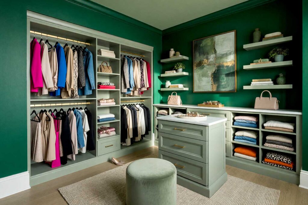 Walk-in Closet with Emerald Walls Sage Ceiling and Muted Sage Cabinetry-3, luxurious walk-in closet with deep emerald walls soft sage ceiling muted sage cabinetry and light oak floors Scottsdale neighborhood luxurious walk-in closet with deep emerald walls soft sage ceiling muted sage cabinetry and light oak floors boutique-inspired design in a Scottsdale neighborhood sunlight casting dramatic shadows bold and immersive palette, walk-in closet paint ideas, closet color ideas, closet painting inspiration, walk-in closet color schemes, walk-in closet paint colors, walk-in wardrobe paint ideas, walk-in closet wall colors, walk-in wardrobe color schemes, dressing room color ideas, dressing room color schemes, dressing room wall colors