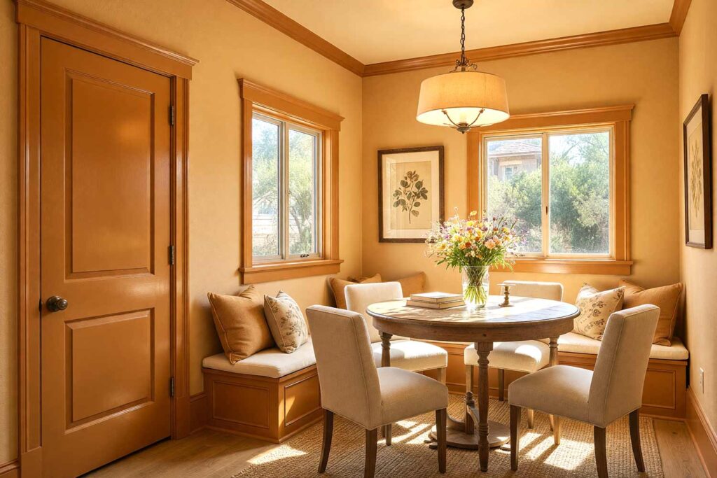 Warm Breakfast Nook with Honeyed Ochre Walls and Amber Trim-2, warm breakfast nook honeyed ochre walls amber trim light oak flooring Scottsdale neighborhood dramatic sunlight, warm breakfast nook honeyed ochre walls amber trim light oak flooring Scottsdale neighborhood freshly painted cozy space with golden tones and dynamic sunlight, contrasting interior trim colors , contrasting trim colors, bold trim colors, dark trim colors, contrast trim colors, high contrast trim colors, trim colors that aren't white