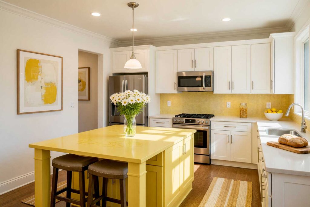 Warm Butter Yellow Island in a Warm White and Soft Warm White Scottsdale Kitchen-2, a bright Scottsdale neighborhood kitchen with Shaker-style cabinets in warm white. A cheerful butter yellow island creates a warm focal point, accented by daisies, lemons, and abstract artwork. Dynamic lighting enhances the room’s vibrancy, kitchen island paint colors, kitchen island color ideas, island color ideas, kitchen island color scheme, island color scheme, kitchen island color palette, island color palette, kitchen island color combinations