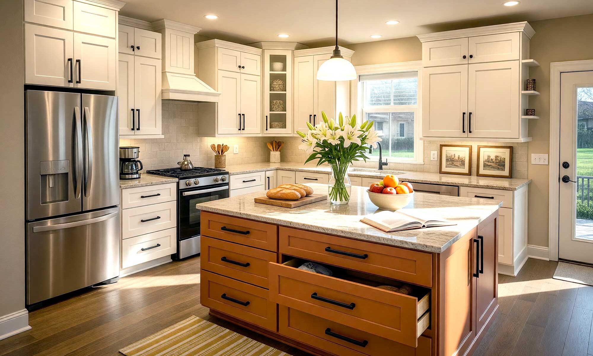 Warm Cinnamon Island in a Cream and Antique White Scottsdale Kitchen-2-FEATURE.png, a cozy Scottsdale neighborhood kitchen with Shaker-style cabinets painted in cream and antique white, featuring a bold warm cinnamon island. The walls are warm linen, the ceiling is warm cream, and the baseboards are warm white. Décor includes a wooden breadboard, a ceramic fruit bowl, and a bouquet of white lilies. The lighting is dynamic, with strong sunlight creating deep shadows and bright highlights, kitchen island paint colors, kitchen island color ideas, island color ideas, kitchen island color scheme, island color scheme, kitchen island color palette, island color palette, kitchen island color combinations