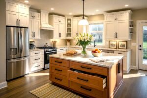 Warm Cinnamon Island in a Cream and Antique White Scottsdale Kitchen-2-FEATURE.png, a cozy Scottsdale neighborhood kitchen with Shaker-style cabinets painted in cream and antique white, featuring a bold warm cinnamon island. The walls are warm linen, the ceiling is warm cream, and the baseboards are warm white. Décor includes a wooden breadboard, a ceramic fruit bowl, and a bouquet of white lilies. The lighting is dynamic, with strong sunlight creating deep shadows and bright highlights, kitchen island paint colors, kitchen island color ideas, island color ideas, kitchen island color scheme, island color scheme, kitchen island color palette, island color palette, kitchen island color combinations