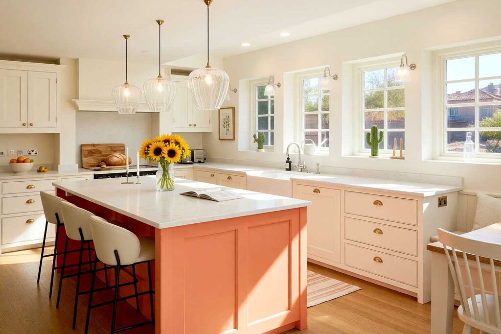 Warm Coral Island in a Warm White and Ivory Scottsdale Kitchen-2, a Scottsdale neighborhood kitchen with Shaker-style cabinets in warm white and creamy ivory. A warm coral island creates a joyful focal point, accented by sunflowers, oranges, and botanical prints. Dynamic sunlight enhances the room’s depth and vibrancy, kitchen island paint colors, kitchen island color ideas, island color ideas, kitchen island color scheme, island color scheme, kitchen island color palette, island color palette, kitchen island color combinations