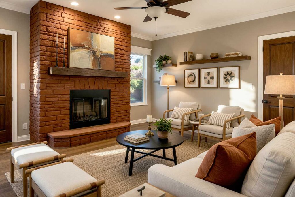 Warm Living Room with Burnt Sienna Fireplace and Soft Taupe Walls-1, painting interior brick fireplace, painted living room brick fireplace ideas, painted indoor brick fireplace, interior fireplace painting ideas, painted masonry fireplace, painted fireplace surround, painted brick fireplace inspiration, living room fireplace color ideas, painted fireplace designs, modern painted brick fireplace, painted fireplace before and after, fireplace makeover ideas, indoor brick fireplace upgrade, updating interior brick fireplace