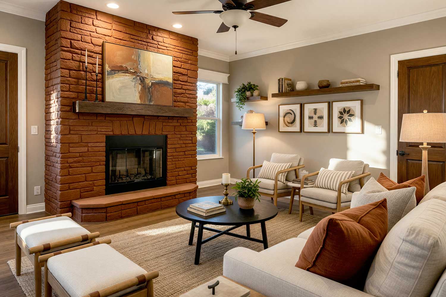 Warm Living Room with Burnt Sienna Fireplace and Soft Taupe Walls-1, painting interior brick fireplace, painted living room brick fireplace ideas, painted indoor brick fireplace, interior fireplace painting ideas, painted masonry fireplace, painted fireplace surround, painted brick fireplace inspiration, living room fireplace color ideas, painted fireplace designs, modern painted brick fireplace, painted fireplace before and after, fireplace makeover ideas, indoor brick fireplace upgrade, updating interior brick fireplace