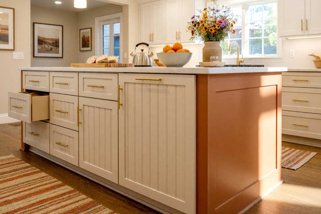Warm Terracotta Island in a Warm White and Sand Scottsdale Kitchen-2, warm terracotta island in a warm white and sand scottsdale neighborhood kitchen, a Scottsdale neighborhood kitchen with Shaker-style beadboard cabinets in warm white and sand. A warm terracotta island adds earthy charm, accented by wildflowers, oranges, and Southwestern artwork. Dynamic sunlight enhances the room’s depth and warmth, kitchen island paint colors, kitchen island color ideas, island color ideas, kitchen island color scheme, island color scheme, kitchen island color palette, island color palette, kitchen island color combinations