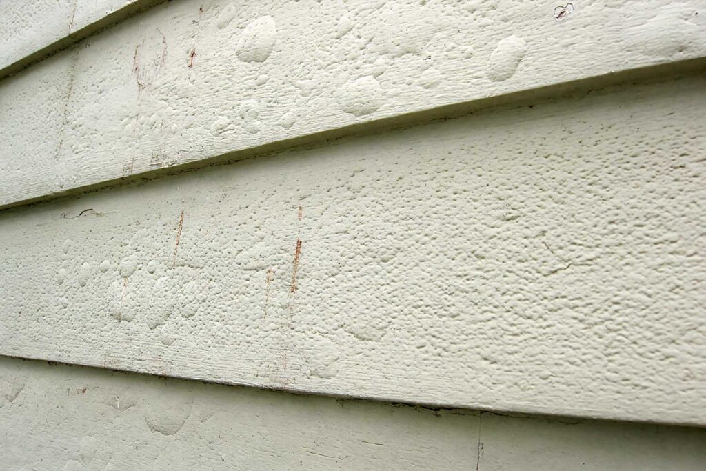 Blistering Paint on Siding, Close-up of a house exterior siding painted white with visible water droplets and slight rust streaks, highlighting moisture effects on painted surfaces.