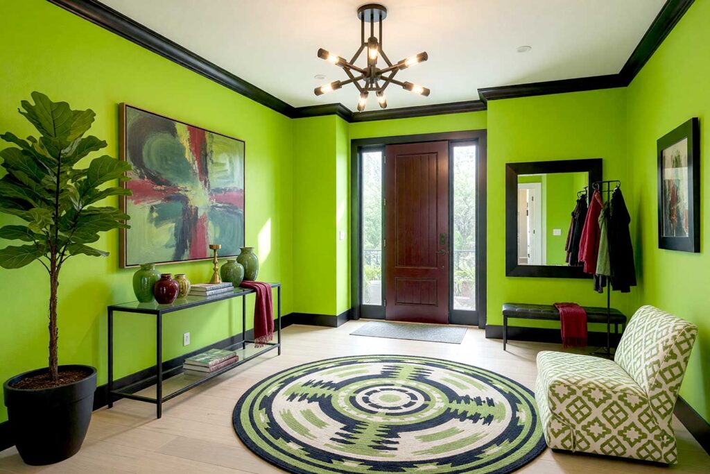 Botanical Rebel Foyer with Absinthe Green Walls and Black Cherry Door-2, bold botanical rebel foyer featuring saturated absinthe green walls deep black cherry door glossy jet black trim and warm white ceiling in a freshly painted Scottsdale neighborhood home. vibrant decor includes botanical ceramic vases brass candleholder and a geometric area rug illuminated by strong midday sunlight casting sharp shadows and bright highlights for a striking and energetic entrance, moody color, accent wall, accent ceiling, painted ceiling, tone-on-tone, bold color contrast, color palette, coordinating colors